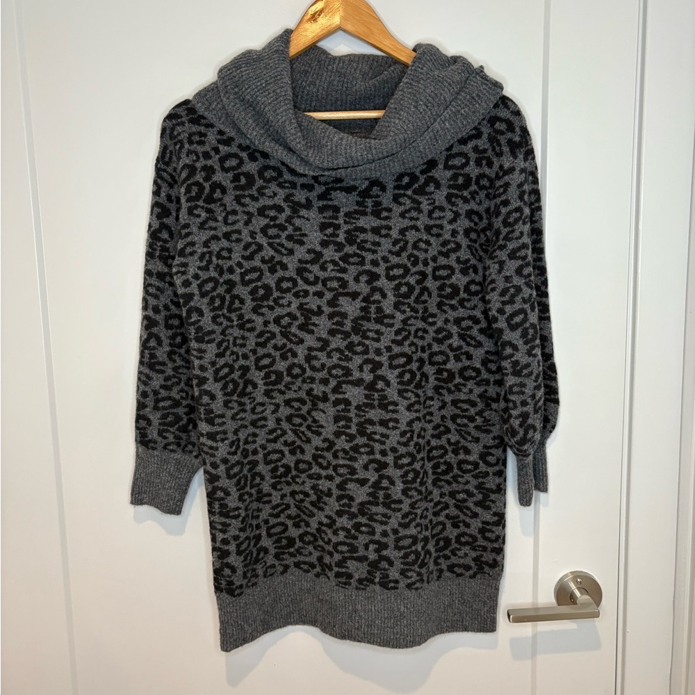 Anthropologie Emmy Leopard Cowl Neck Tunic Sweater | Charcoal Gray